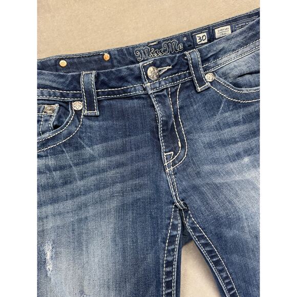Miss Me Jeans Womens 30 Medium Wash Blue Denim Signature Crop Embellished Pocket - Picture 1 of 14